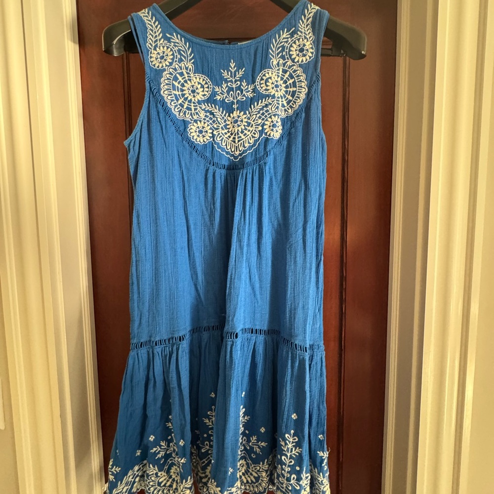 Anthropologie Blue Dress with White Embroidery